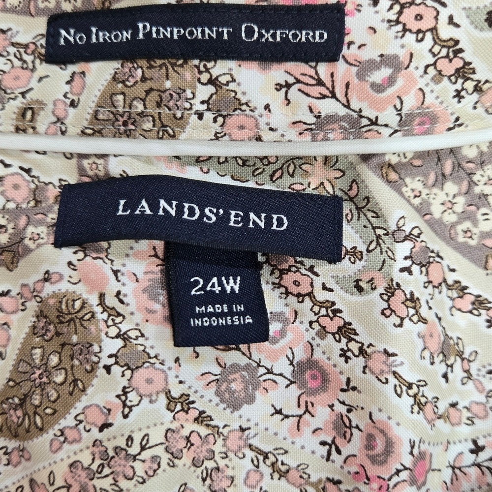 Lands End No Iron Pinpoint Oxford Women 24W Paisley Floral Pink Long Sleeve Top